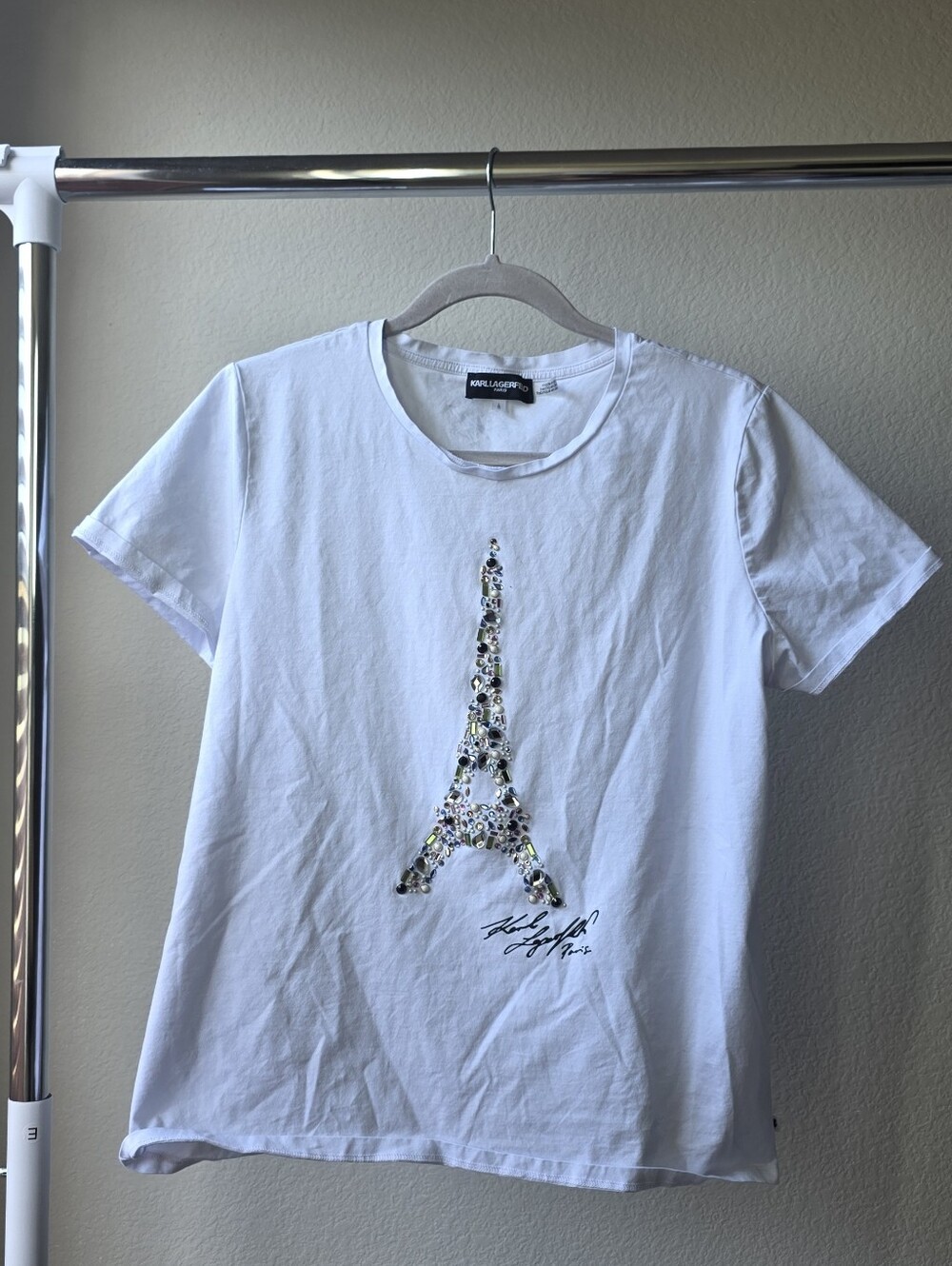 Karl Lagerfeld White Sequin Eiffel Tower Tee
